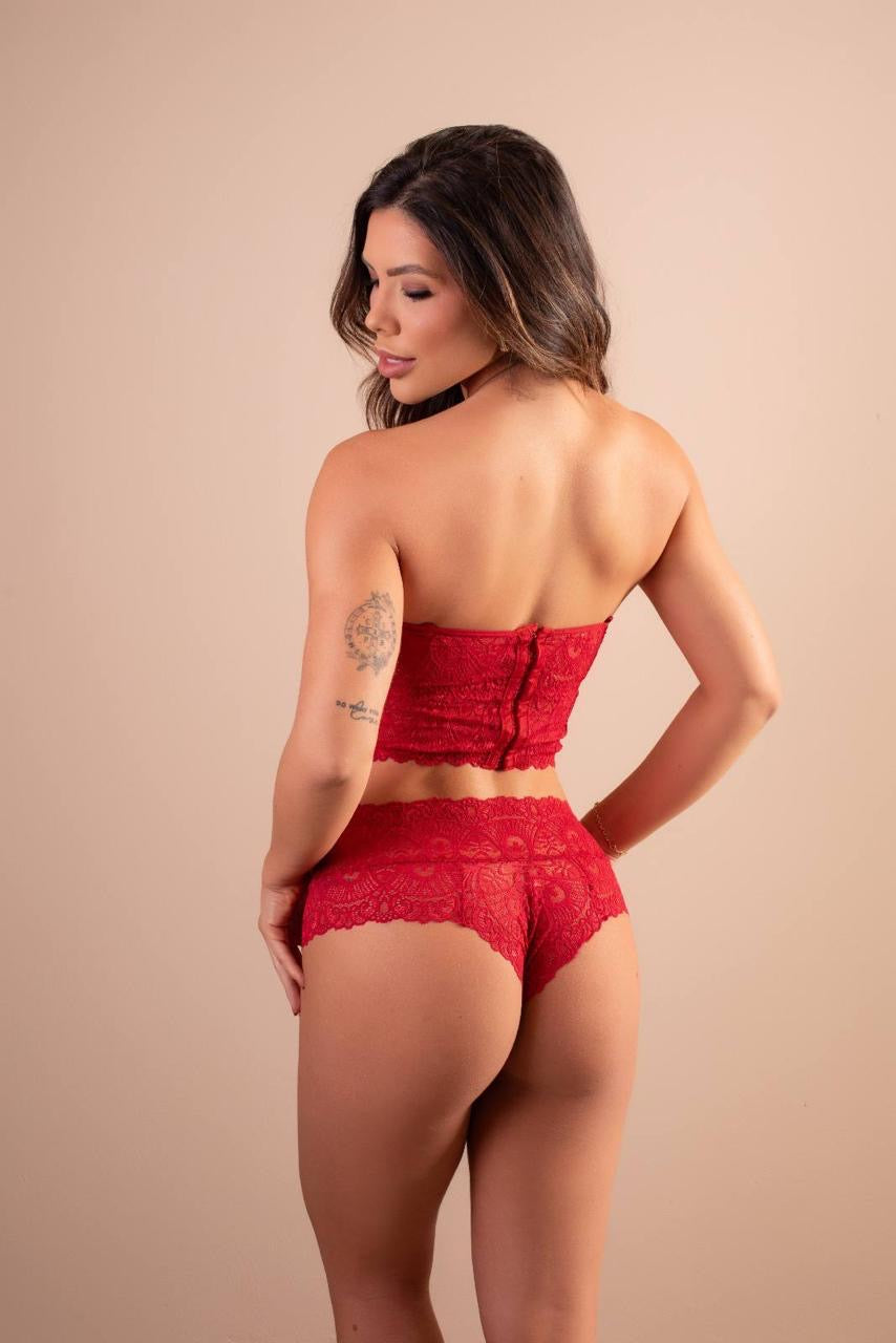 conjunto de Lingerie cropped tomara que caia todo em renda